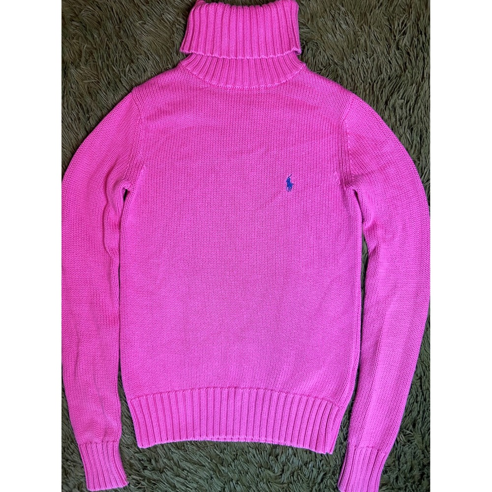 Ralph Lauren Sport Sweater Women XS Pink Turtleneck Knit Pony Logo Preppy Cotton